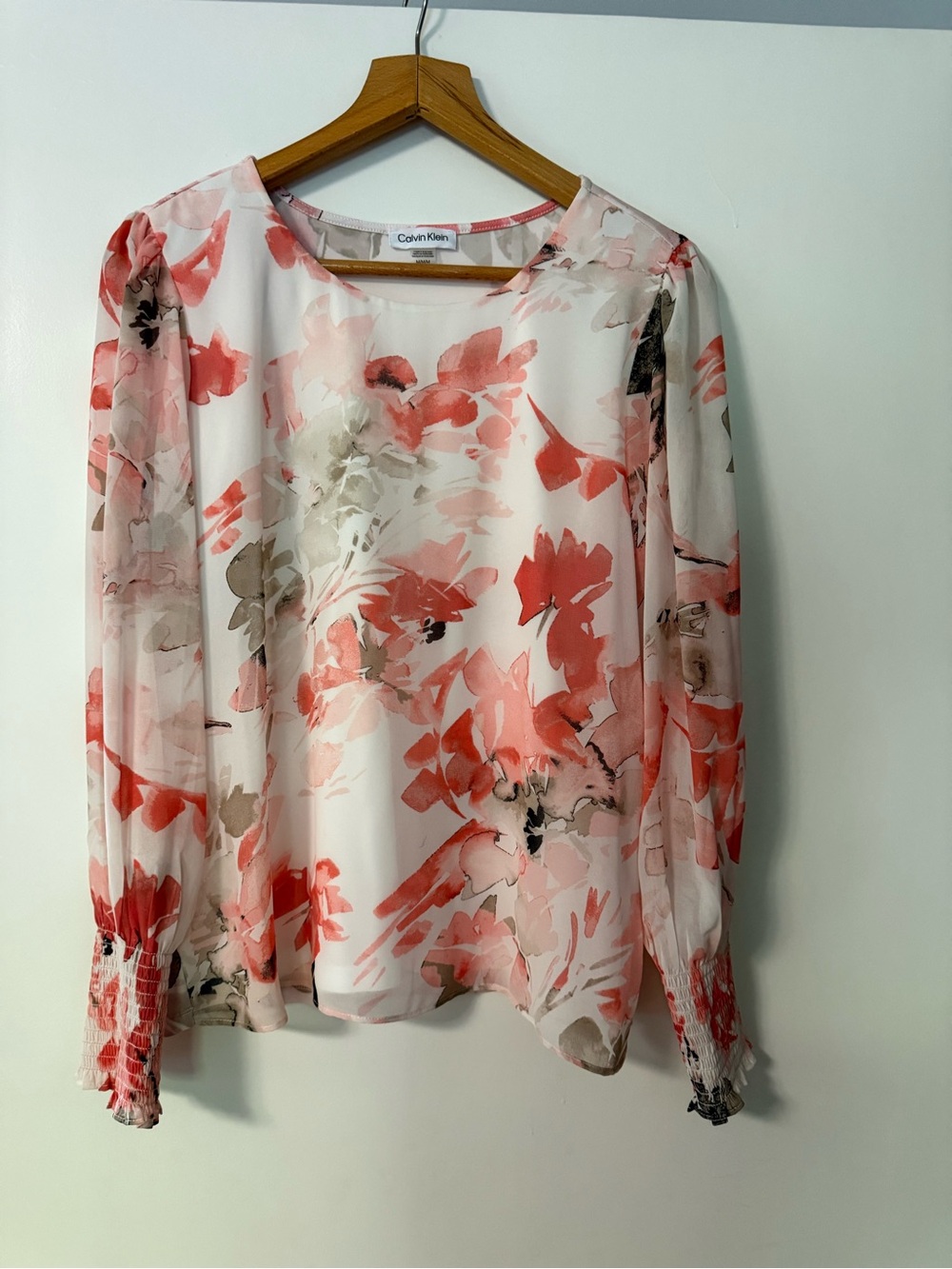 Calvin Klein Coral Pink Floral Long-Sleeve Blouse